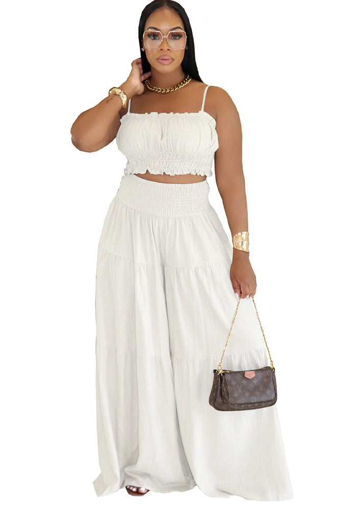 Summer/Autumn African Solid Color Strap Top & Loose Wide Leg Pants Fashion Plus Size Two-Piece Set