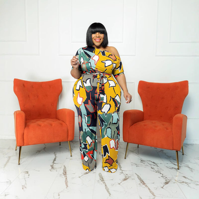 Plus Size Women summer Slash Shoulder print Jumpsuit with belt
