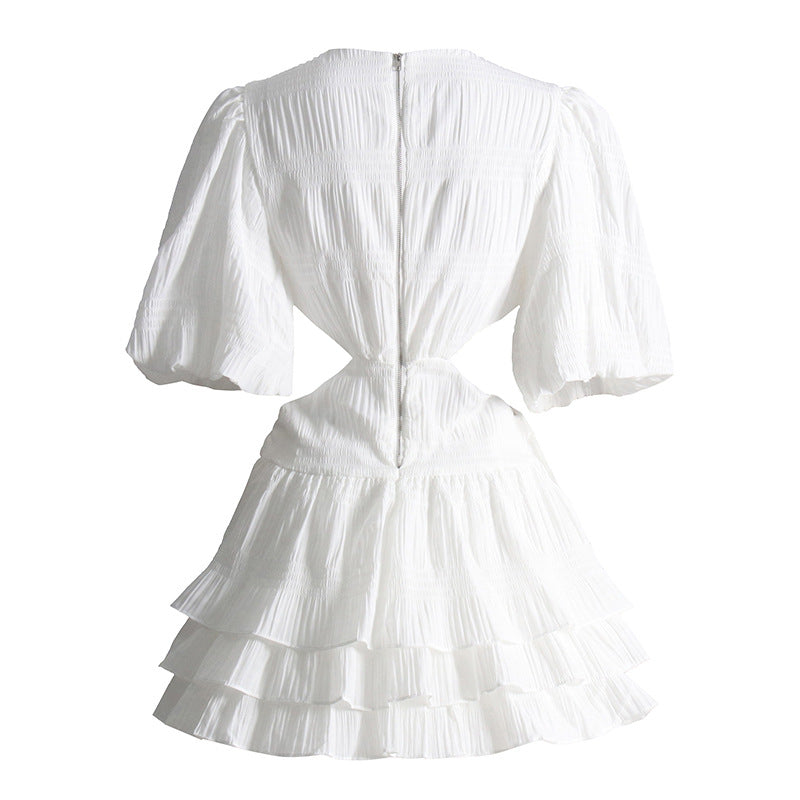 Women's Spring Trend Sexy Deep V Neck Open Waist Puff Sleeve Short Dress 6