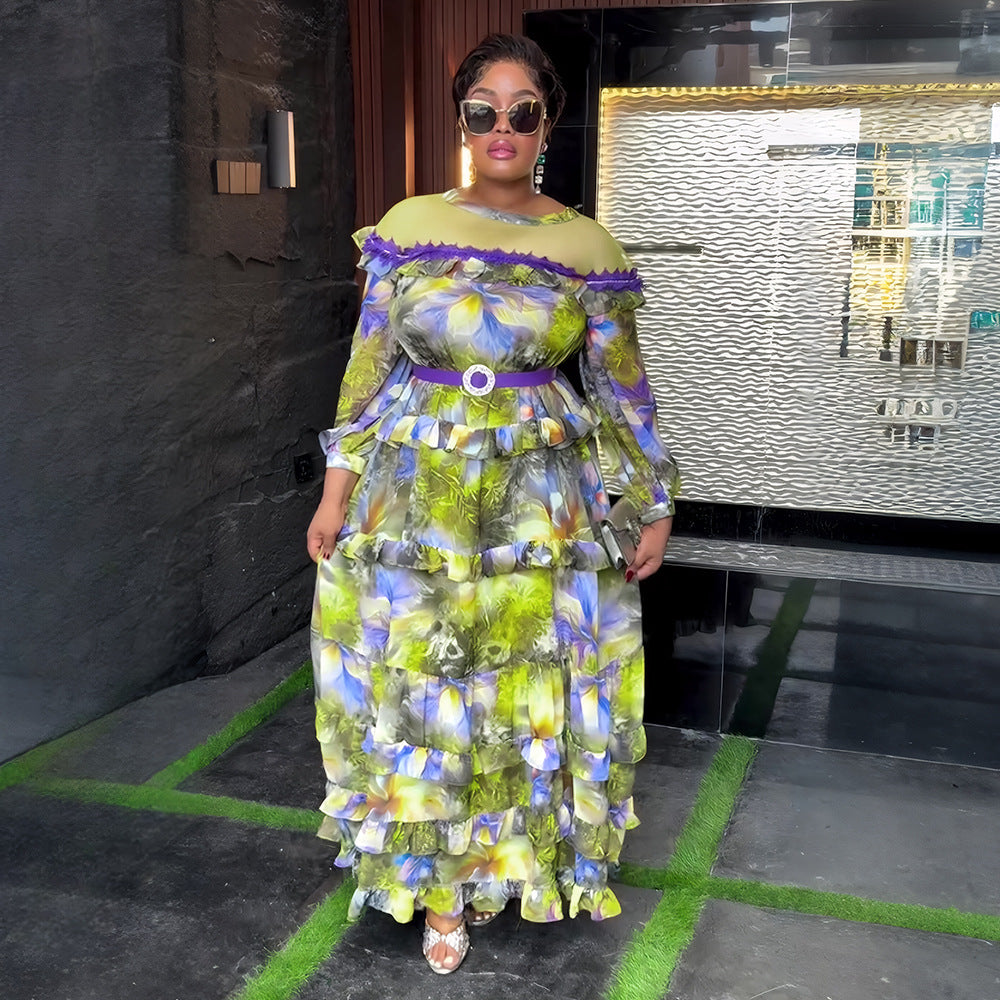 Plus-size African Women ruffled print beaded belt dress