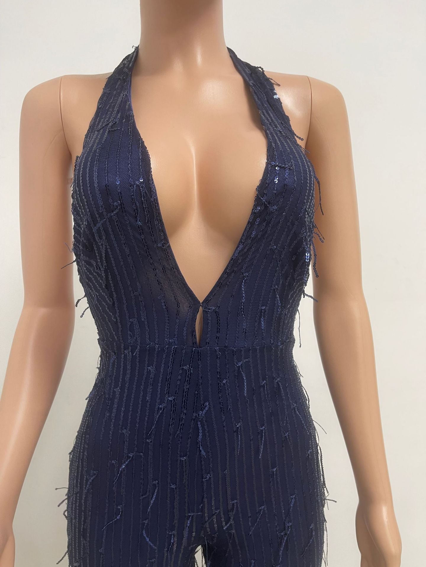 Women's Sleeveless Deep V Halter Neck Low Back Sequin Jumpsuit T 29