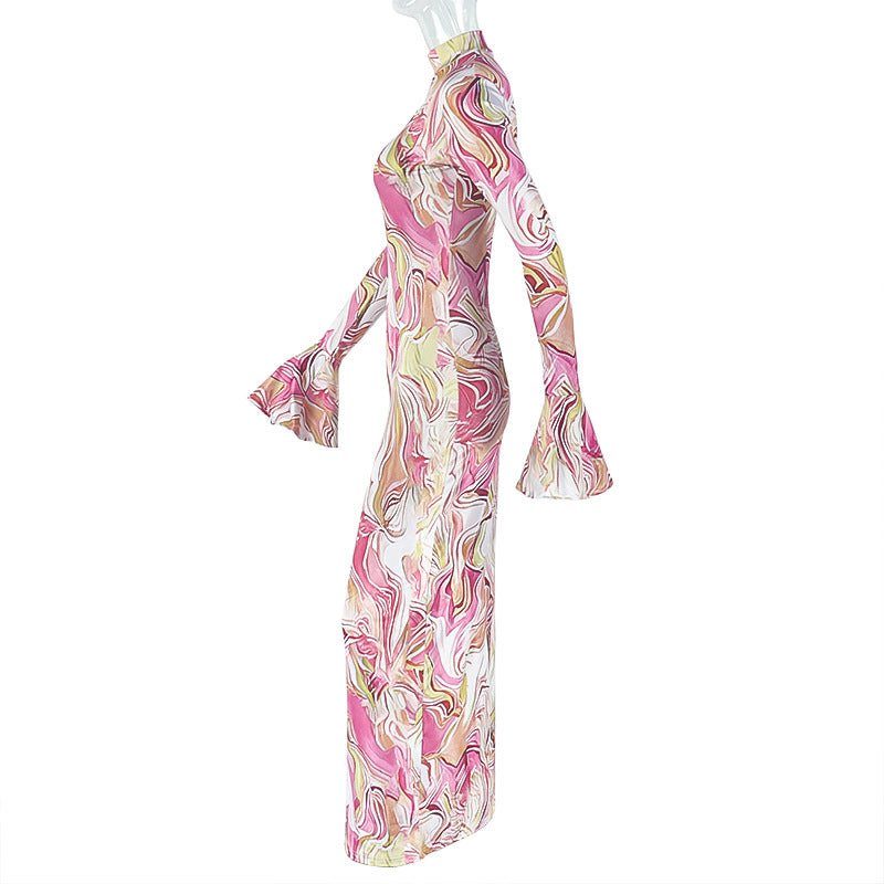 Women's Chic Print Stand Collar Long Sleeve Long Dress 7