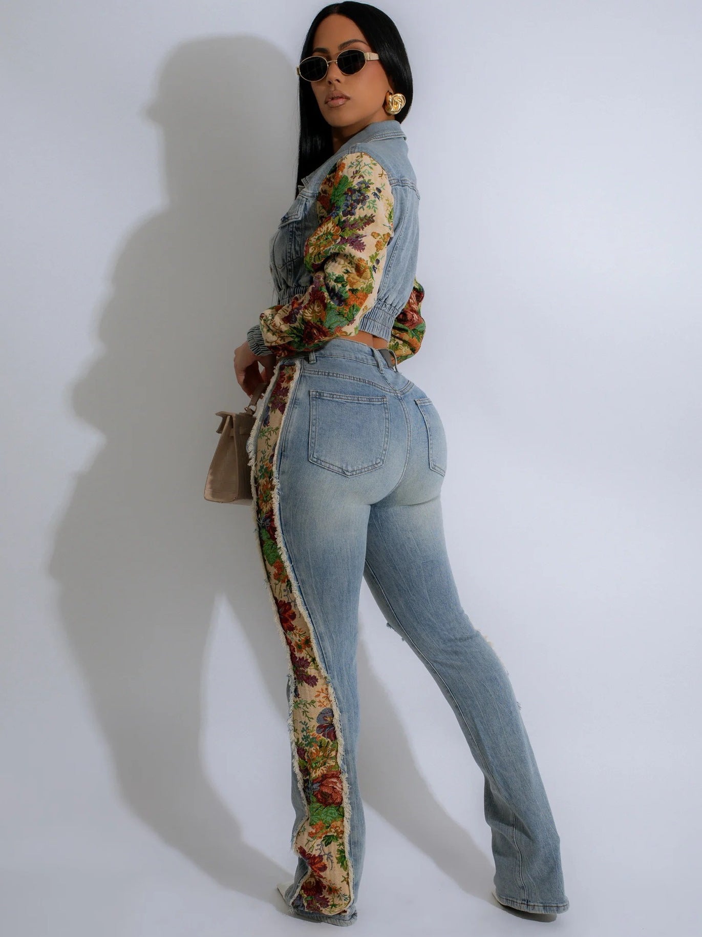 Women Fall Retro Patchwork Camouflage Print Top and Denim Pants Two Piece Set 3