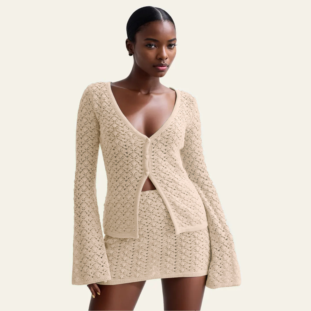 Women Hollow Knitting Beach Top and Skirt Two-piece Set