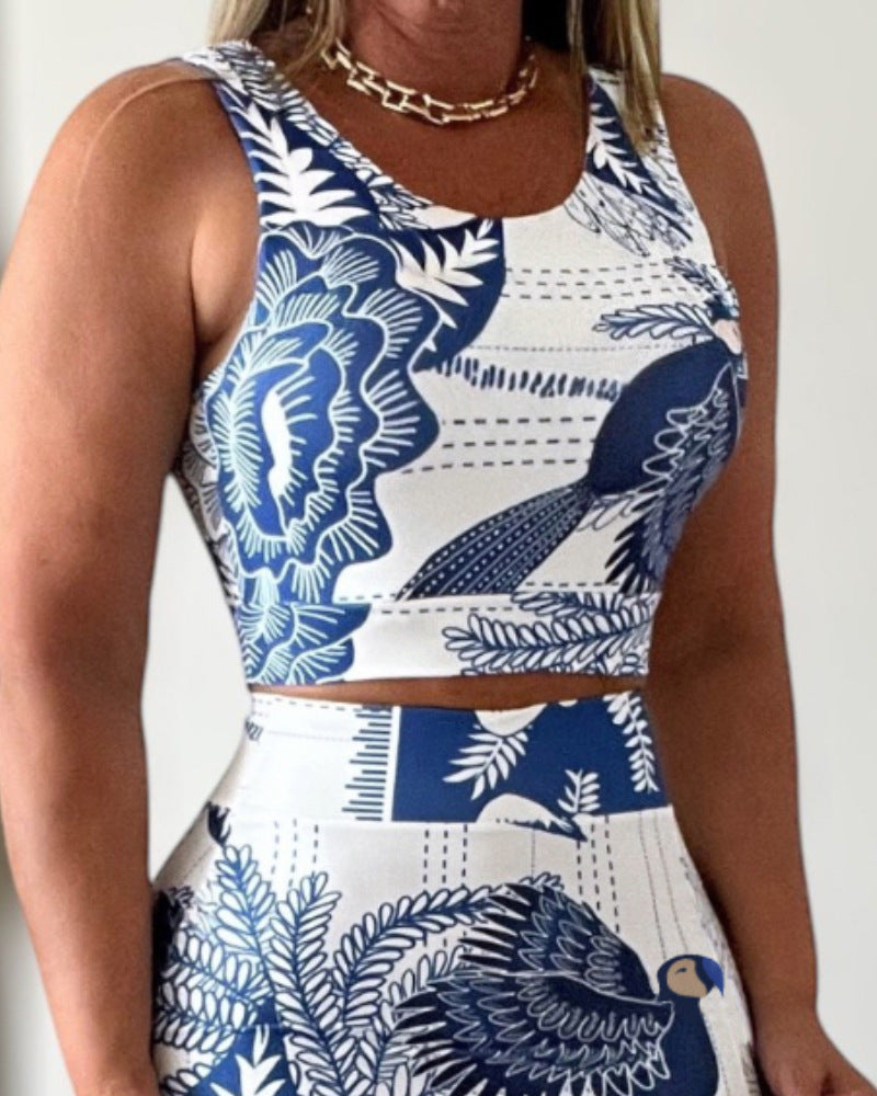 Printed vest top + slit slim skirt set 3