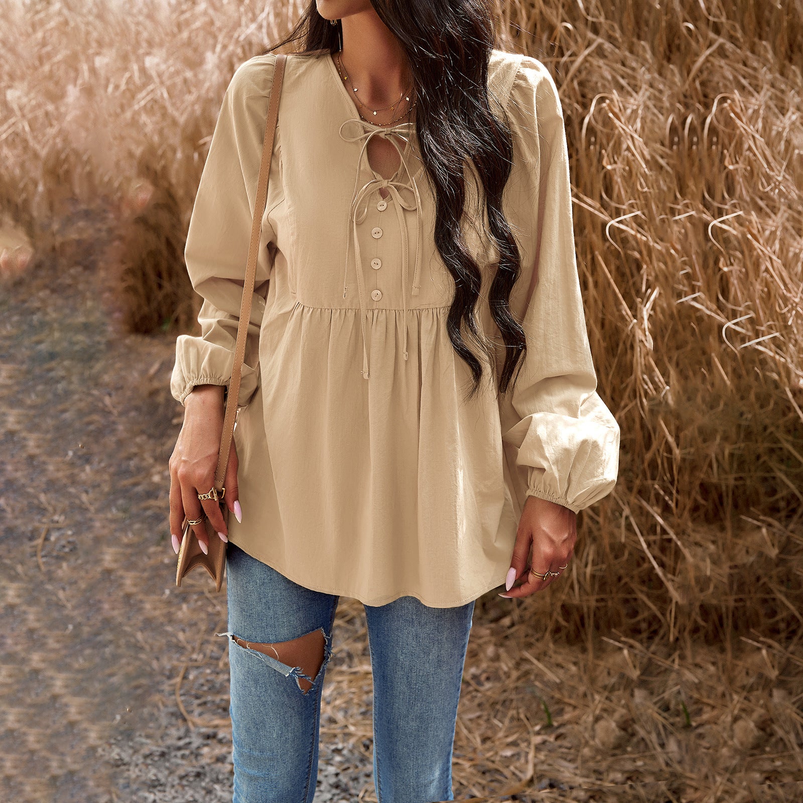 Women Chic Career Solid V Neck Long Sleeve Top 4