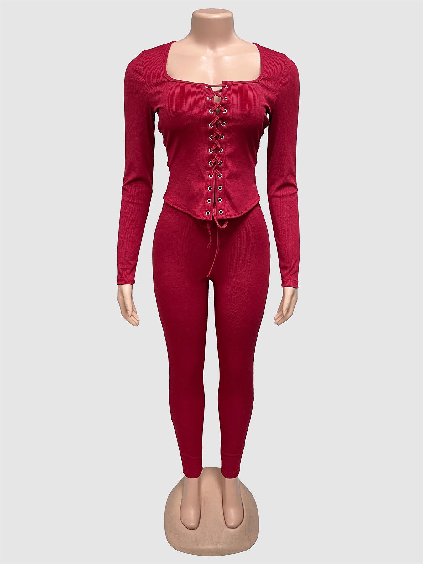 Women's Autumn Lace-Up Long Sleeve Solid Two-Piece Pants Set 7