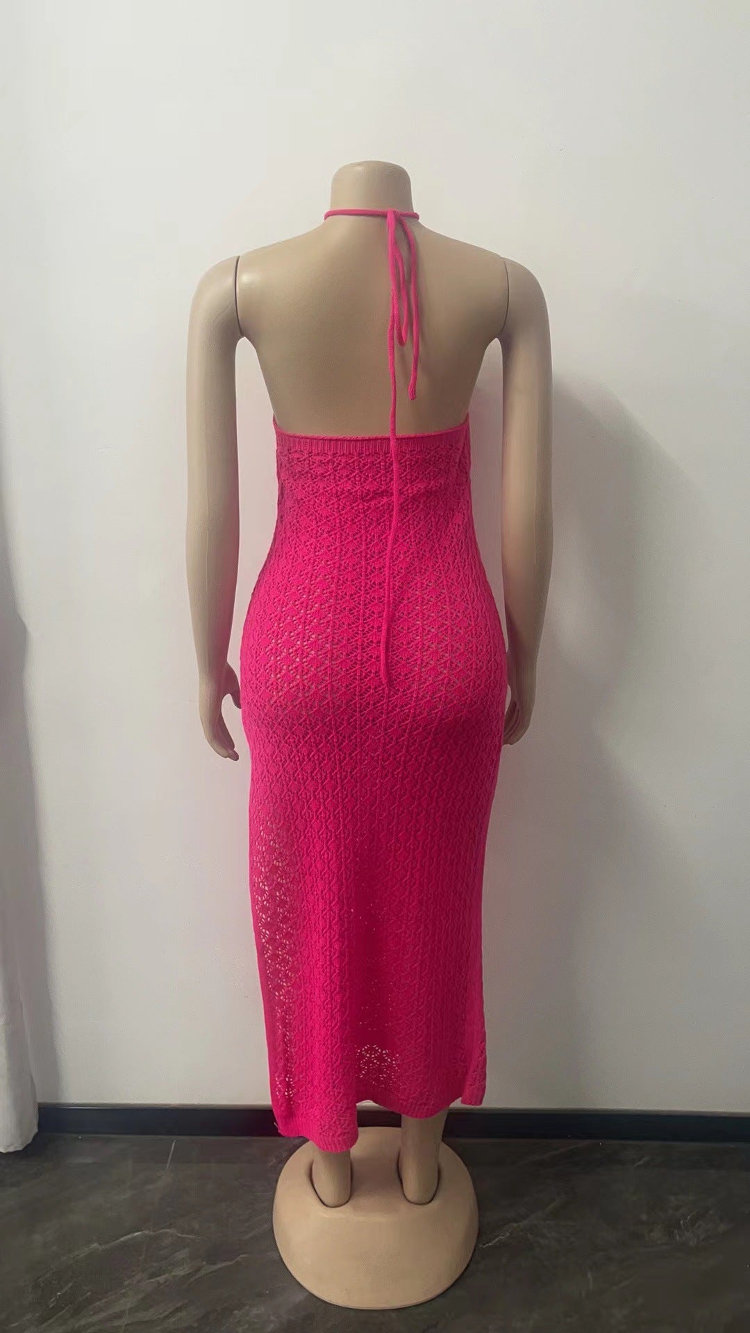 Sleeveless Chic Slit Knitting Dress Women's Cutout Halter Neck Strap Sexy Low Back Cheongsam 13