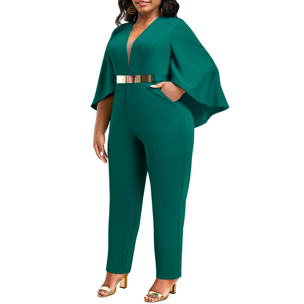Plus Size Women Sexy Solid Bat Cape Sleeve V Neck Jumpsuit 9