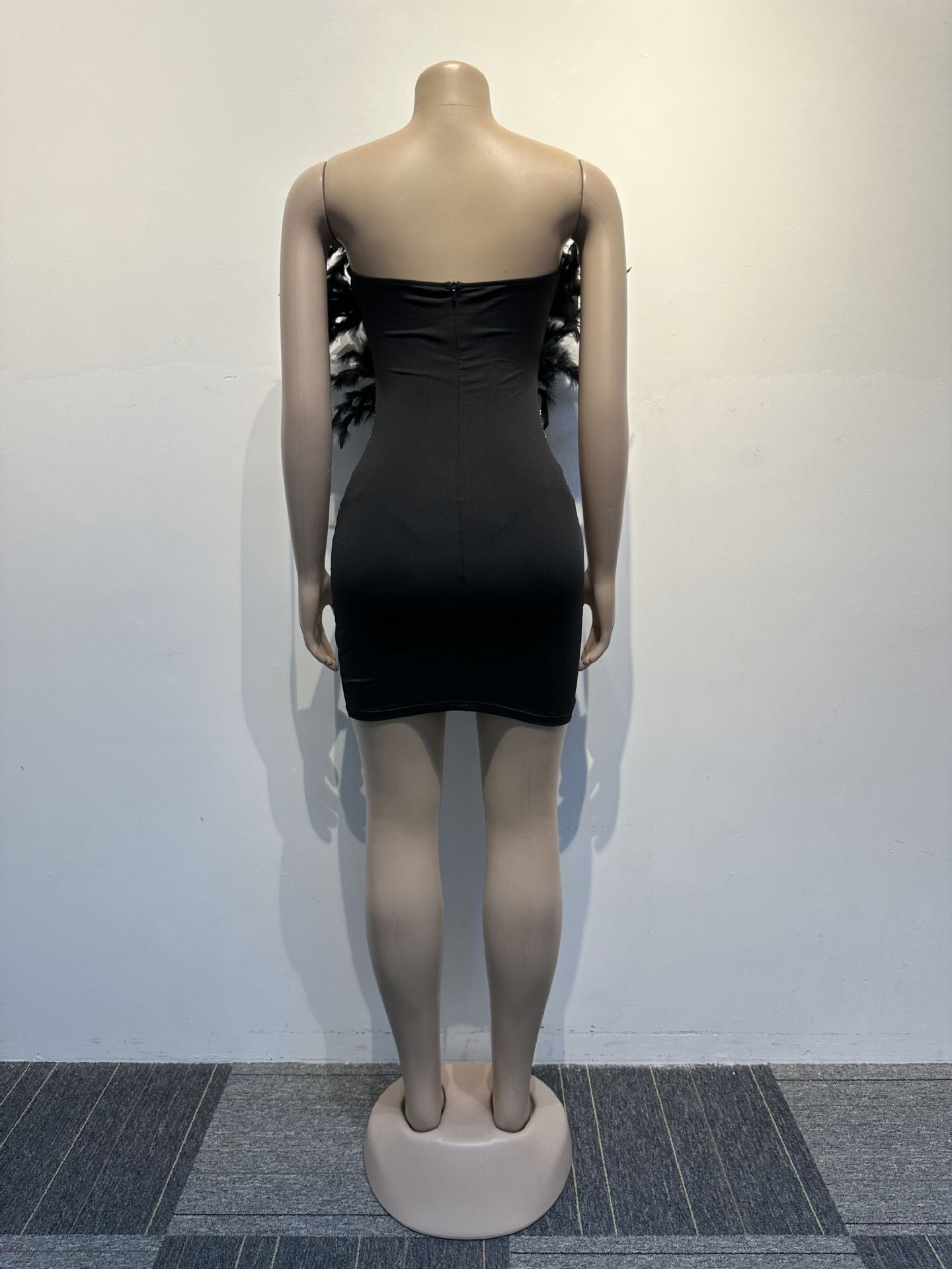 See-Through Slim Feather Beaded Sleeveless Strapless Bodycon Dress 15