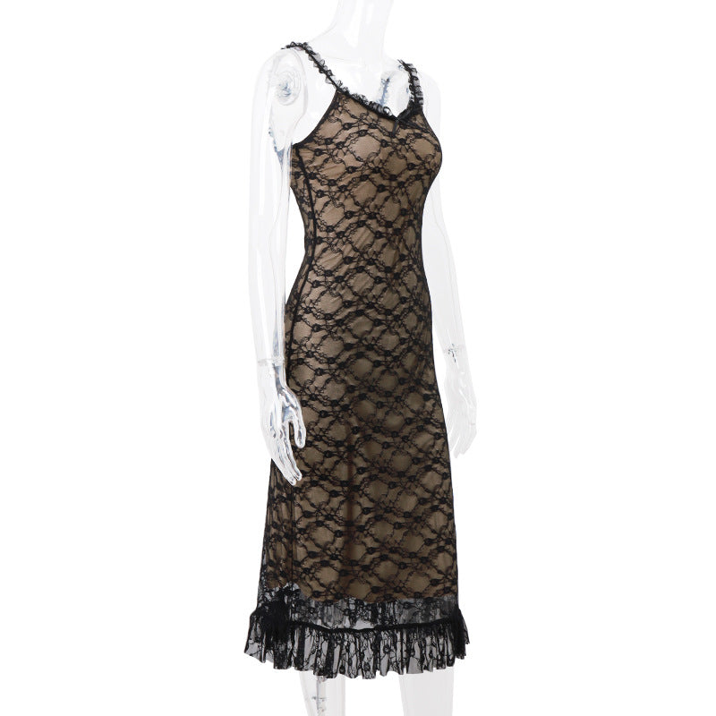 Women autumn sexy v-neck Lace mesh Patchwork Strap Dress 9