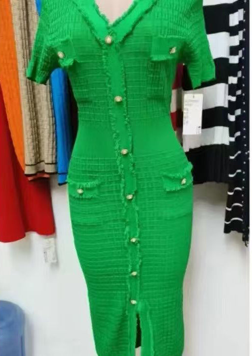 Women V-neck tassel slit knitting dress 5