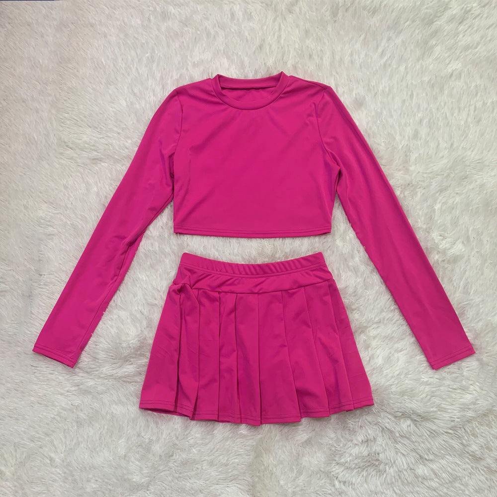 Women's fashion solid color Round Neck Crop slim long-sleeved top pleated short skirt two-piece set 8