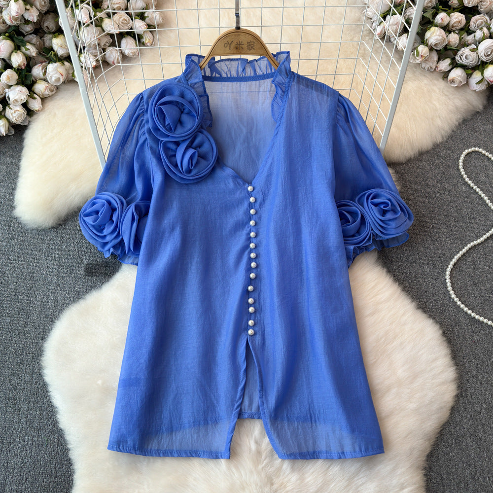 Women French Summer Short Sleeve Flower Mesh Shirt 8