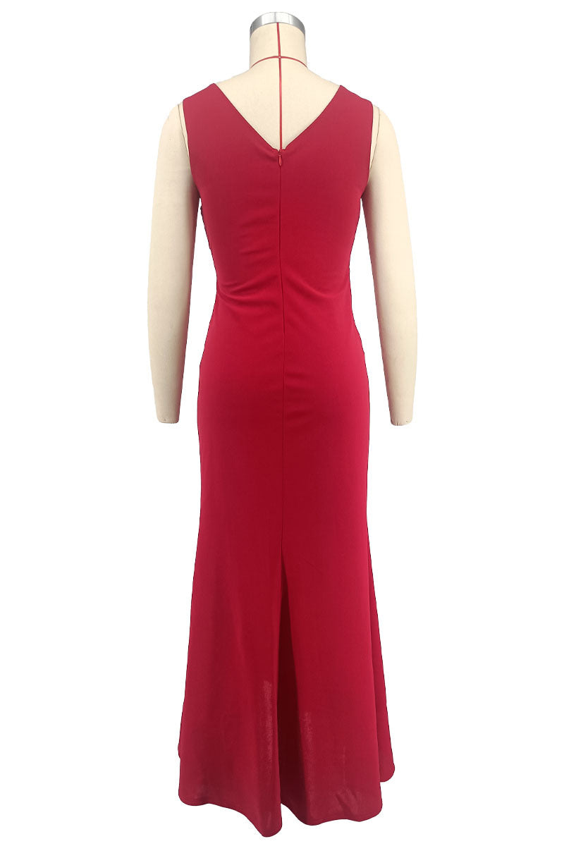 Women V-Neck Sleeveless Elegant Ruffle Slit Maxi Evening Dress 7