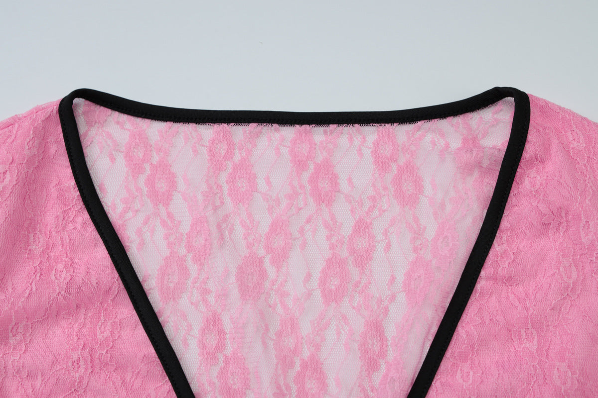 Women summer sexy See-Through Lace Patchwork V-neck Top and shorts two-piece set 11