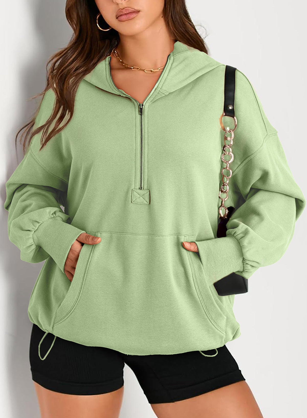 Autumn and winter women's solid color long-sleeved hooded zippered pocket hoodies 5