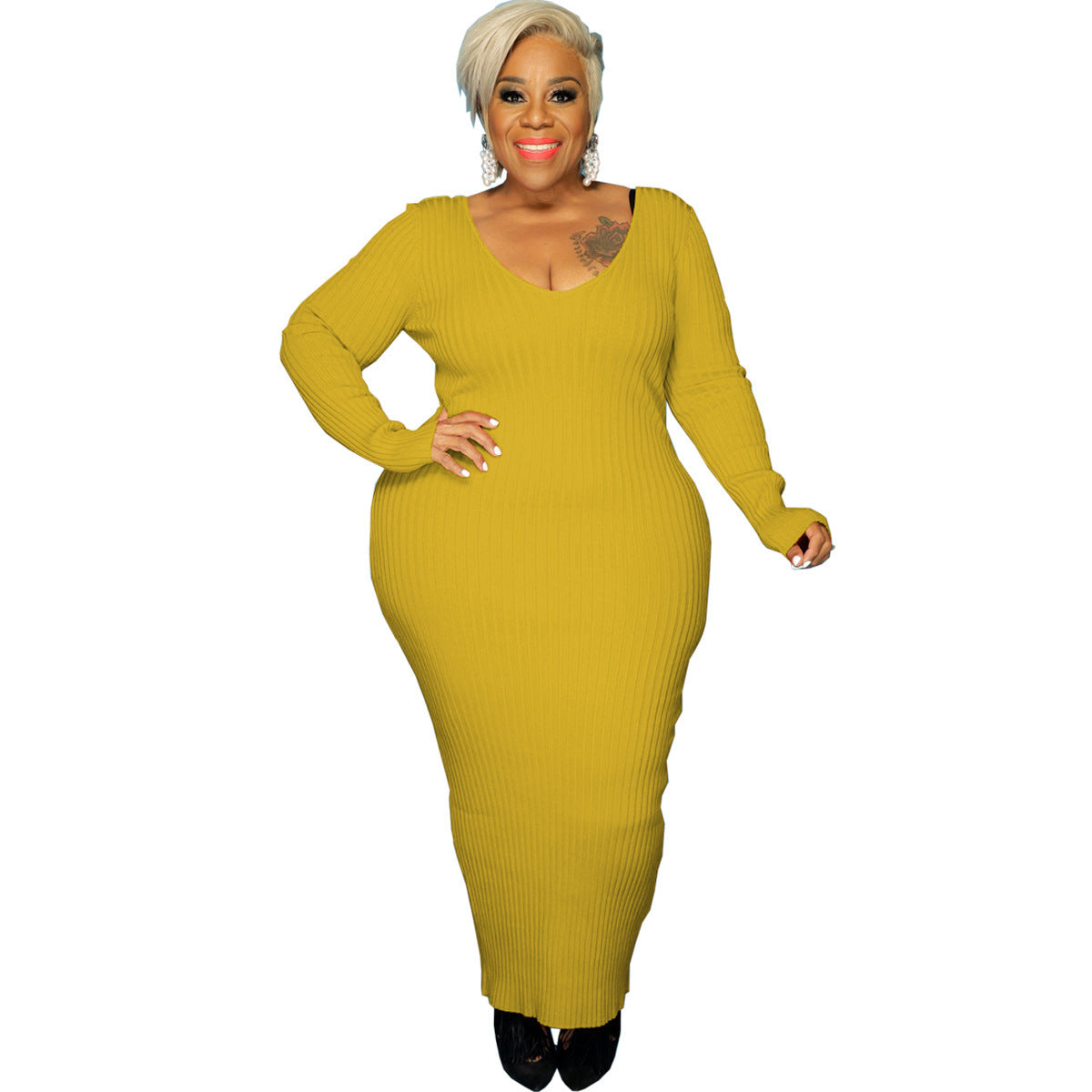 Plus Size Women Sexy Solid V-Neck Dress 9