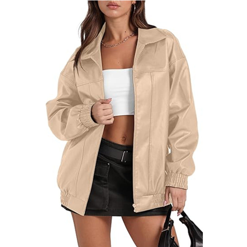Women Long Sleeve Turndown Collar Zipper Pocket Casual Windbreaker Pu Leather Jacket 18