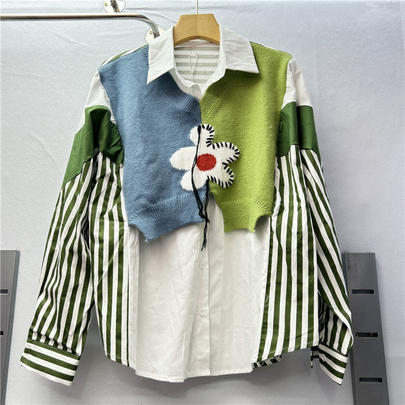 Women striped knitting Patchwork contrast color long-sleeved shirt 8