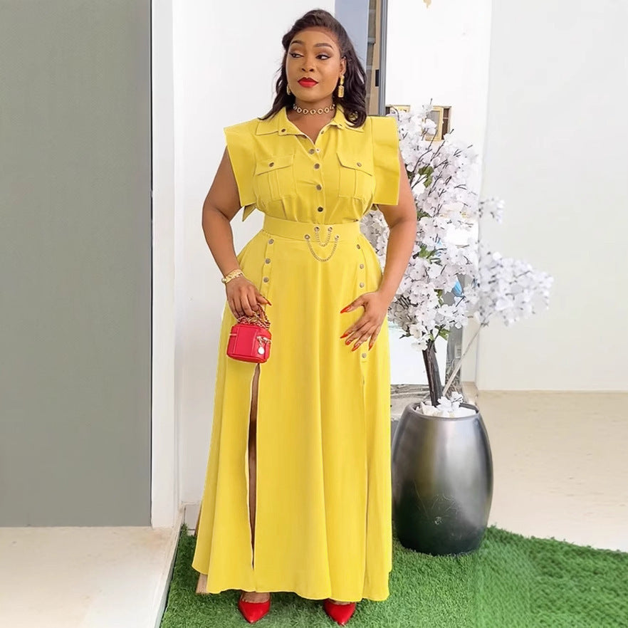 Elegant Career Solid Color Turndown Collar Sleeveless Shirt Slit Long Skirt Two-Piece Set