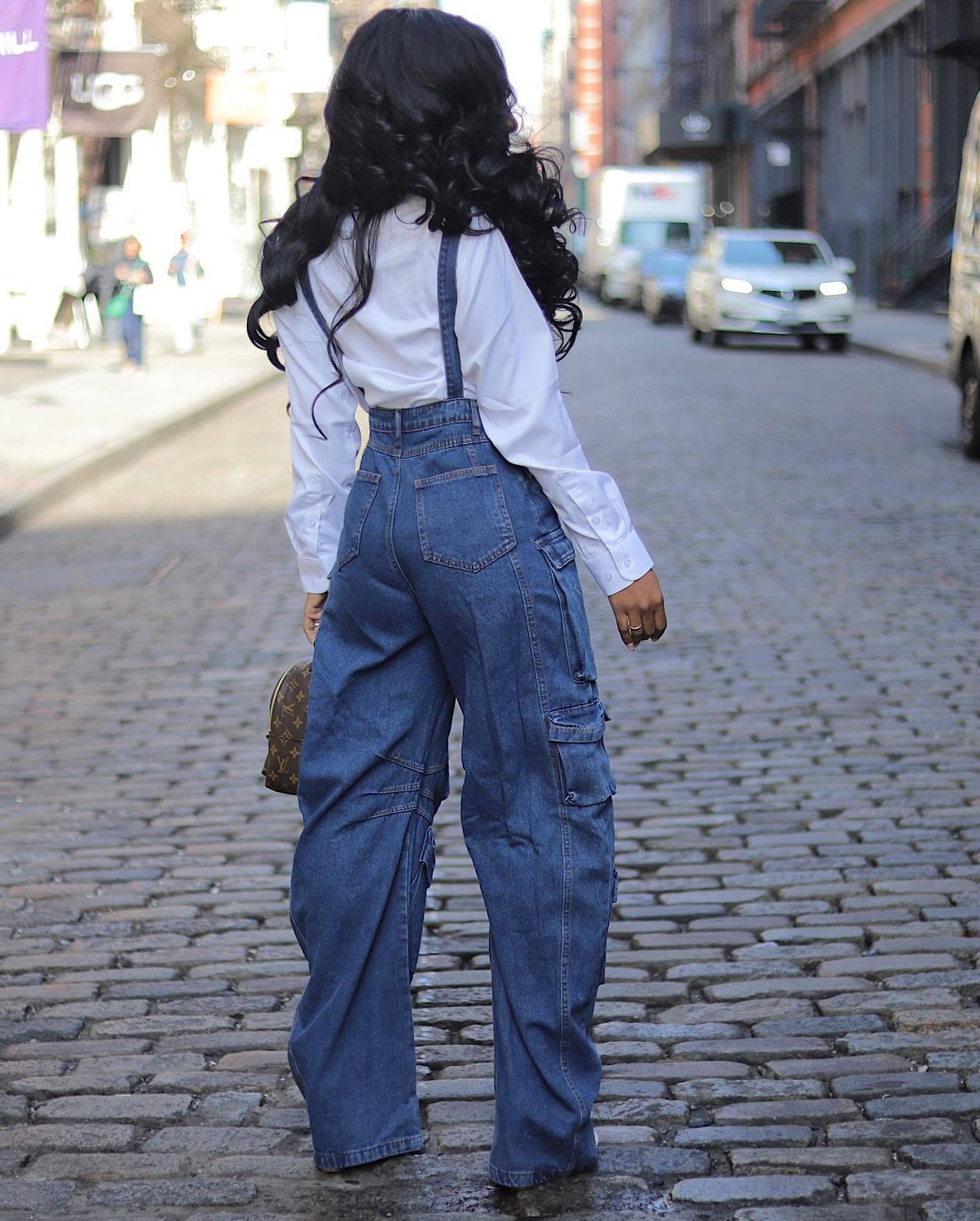 Women style washed Denim loose cargo overalls 7