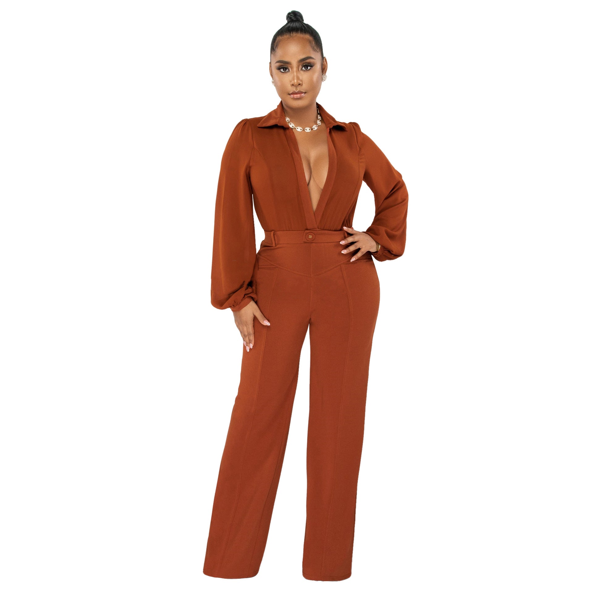 Women's Jumpsuit Sexy V-Neck Long Sleeve Tight Fitting Shirt Pants Fall Winter 15