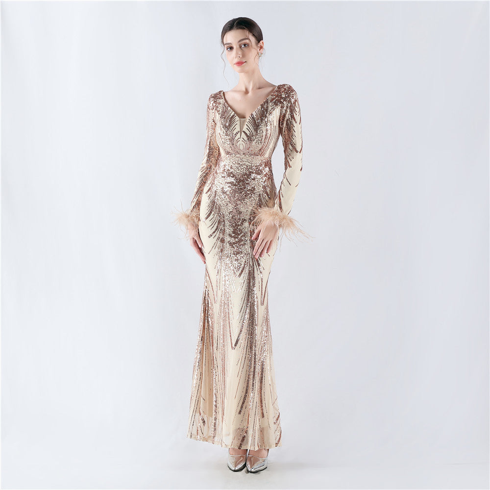 Women Positioning Flower Ostrich Feather Evening Dress 3