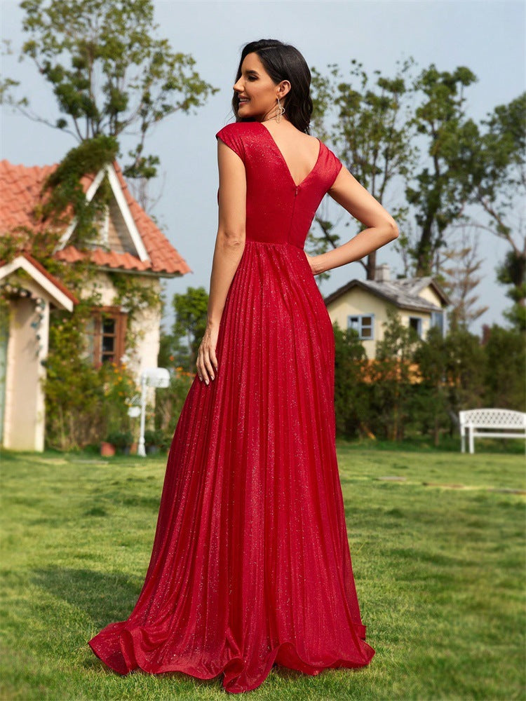 Women v-neck sleeveless red bridesmaid evening dress 4