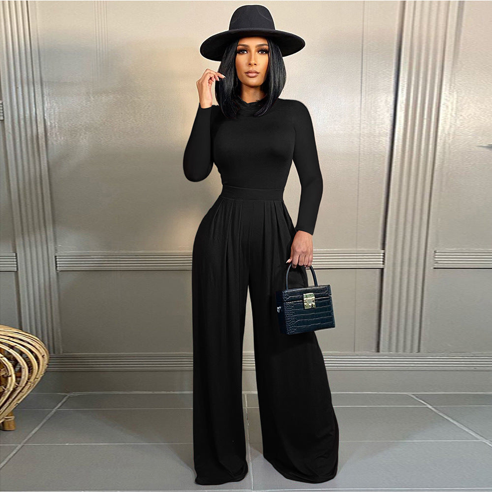Women'S Fashion Solid Color Long Sleeve Top Wide Leg Pants Two Piece Set 3