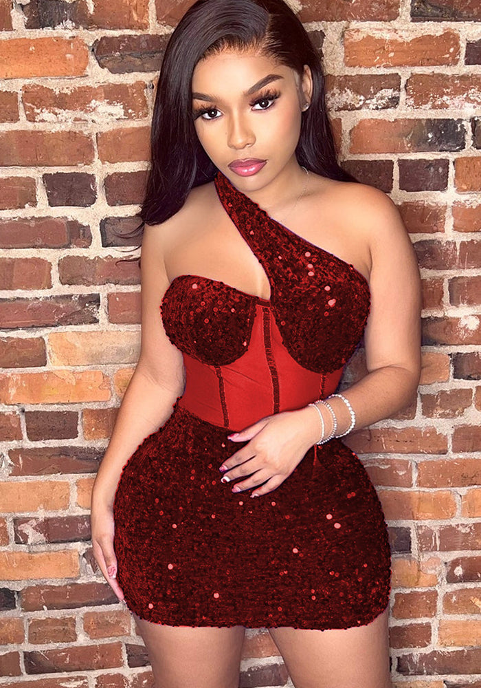 Summer Women's Fashion Sexy Mesh Sequin Slash Shoulder Club Dress