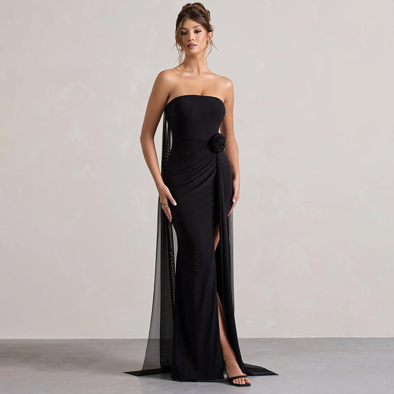 Women Strapless Flower Ribbon Slit Dress Tailed Maxi Dress 6