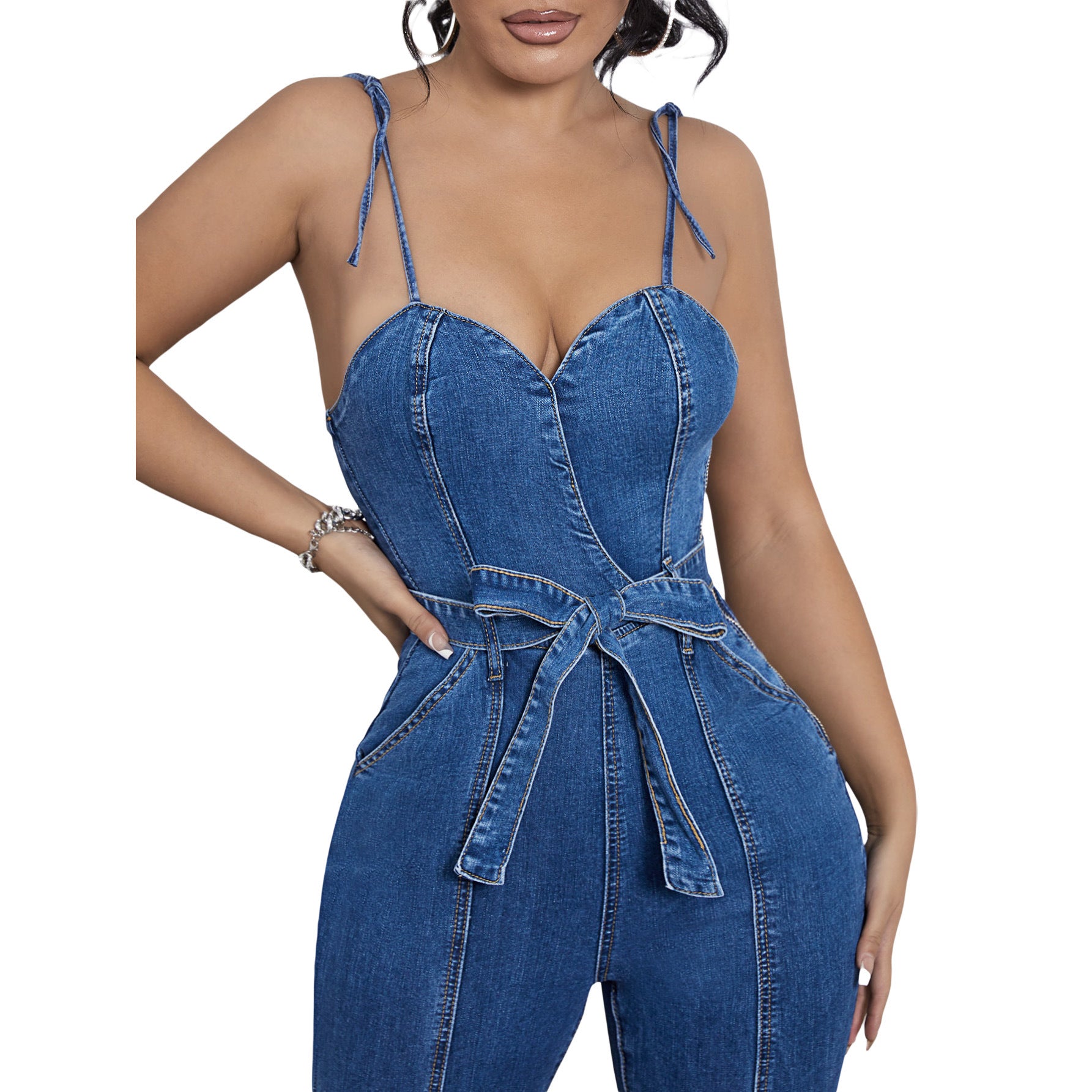 Women Casual Sexy Denim Slit Jumpsuit 4