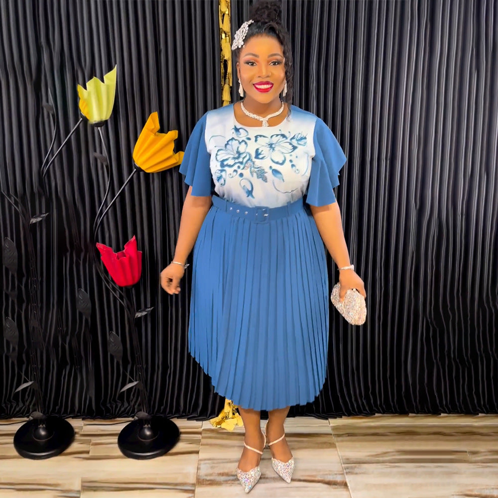 African Women's Printed Mother Of The Bride Dress Plus Size Pleated Dress With Belt 7