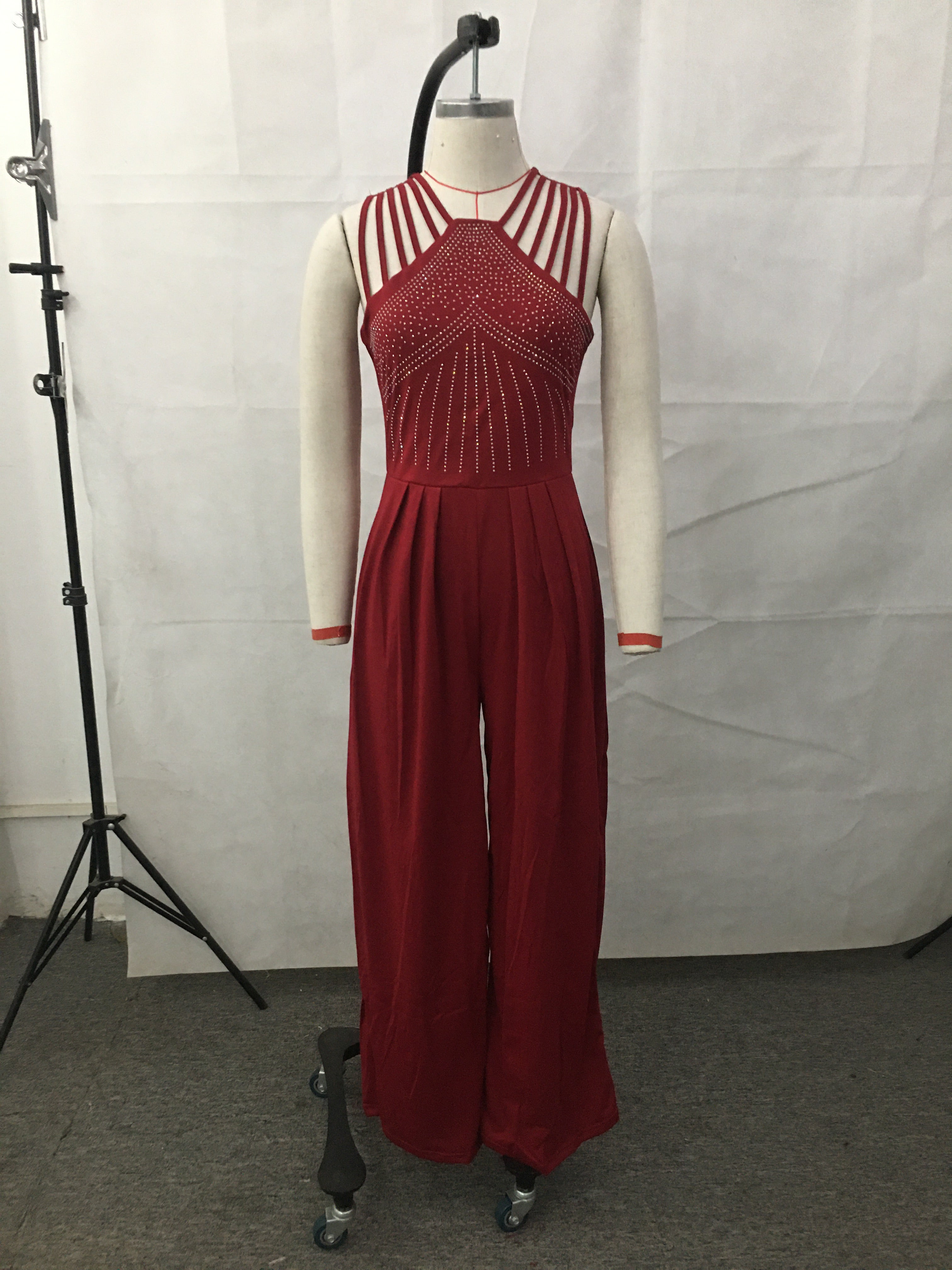 Slim Waist Hollow Out One-Piece Solid Summer Beaded Wide-Leg Jumpsuit 14