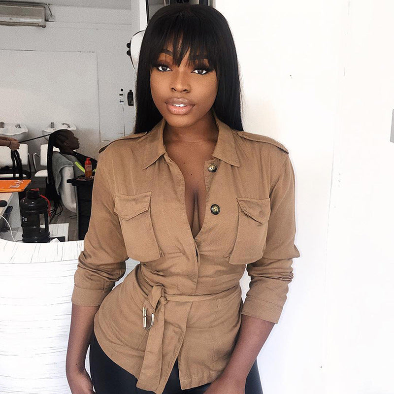 Women's Fashion Stand Collar Solid Color Pocket Shirt With Belt 4