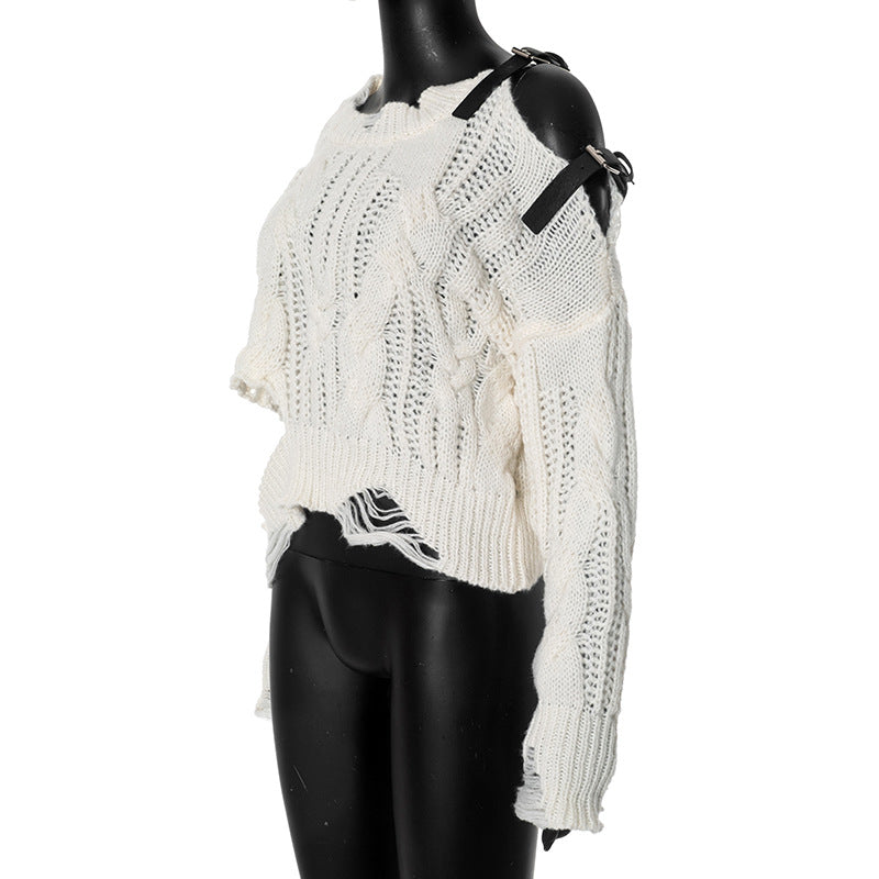 Women Pu-Leather Patchwork off-shoulder Ripped Top 7