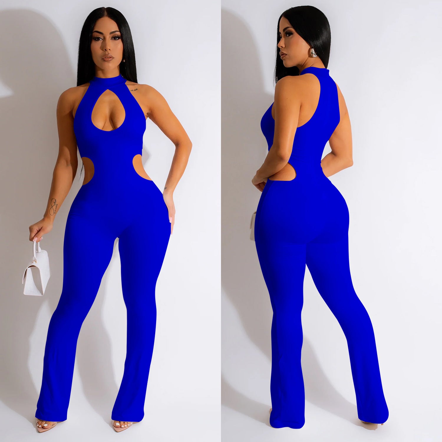 Women Solid Sexy Halter Neck Cutout Jumpsuit 3