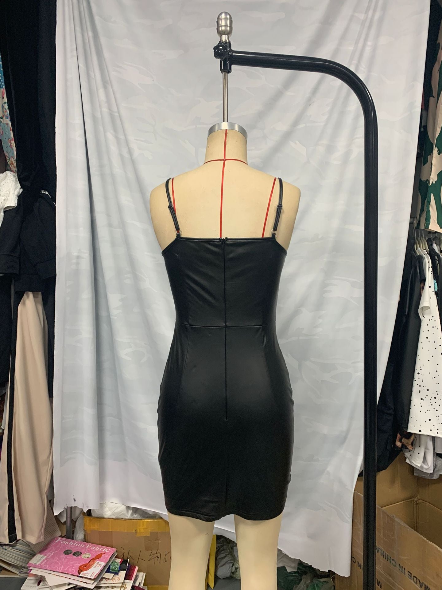 Black Lace Patchwork Pu Leather Tight Fitting Sexy Strap Women Dress 8