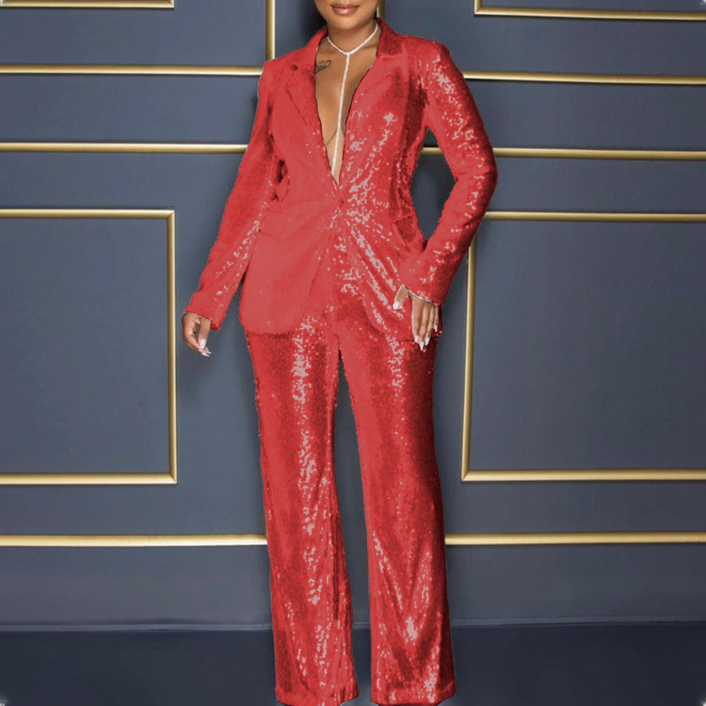 Women's Long Sleeve V-Neck Sequined Blazer Pants Two-Piece Set 5