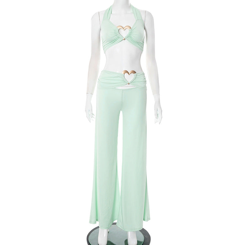 Women Spring and Summer Lace-Up Halter Neck Strapless Top and Gathered Pants Two-Piece Set 7