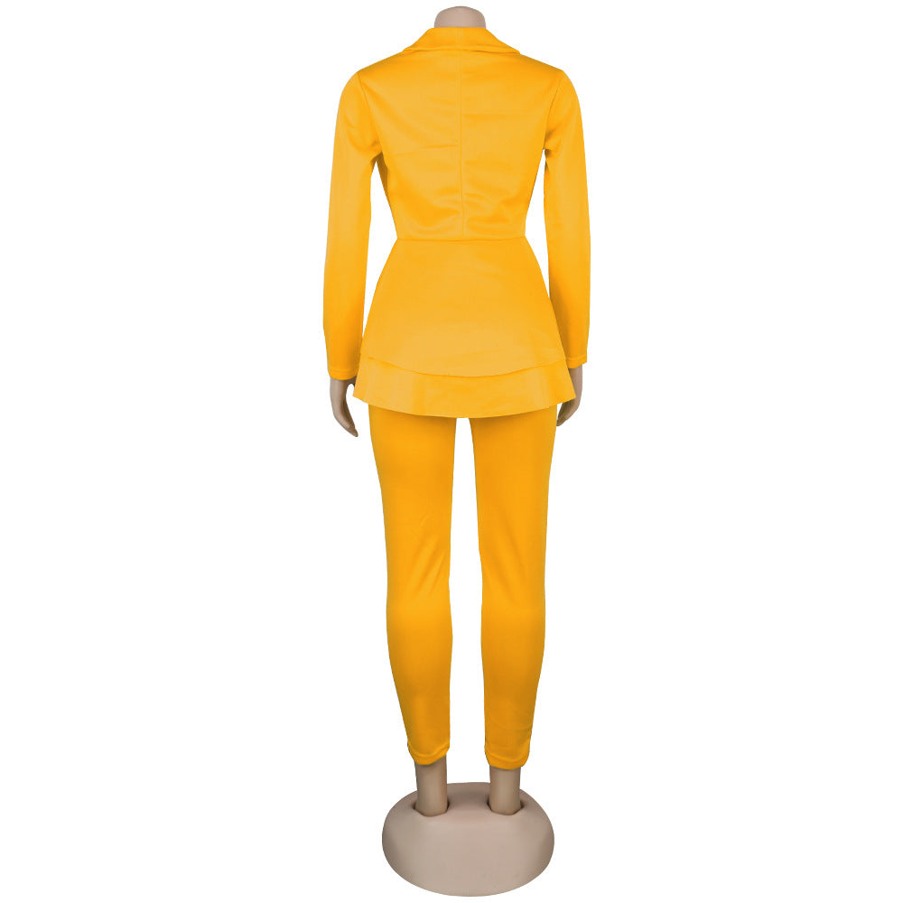 Sexy Women's Solid Color V-Neck Two-Piece Pants Set 24