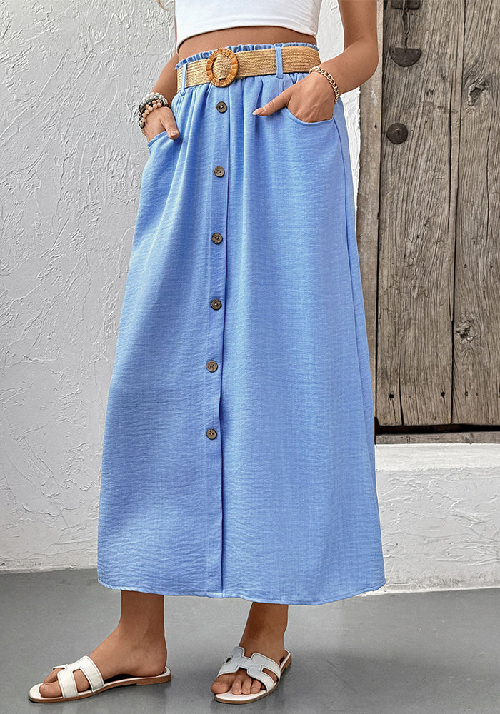 summer women's pocket button Belt skirt
