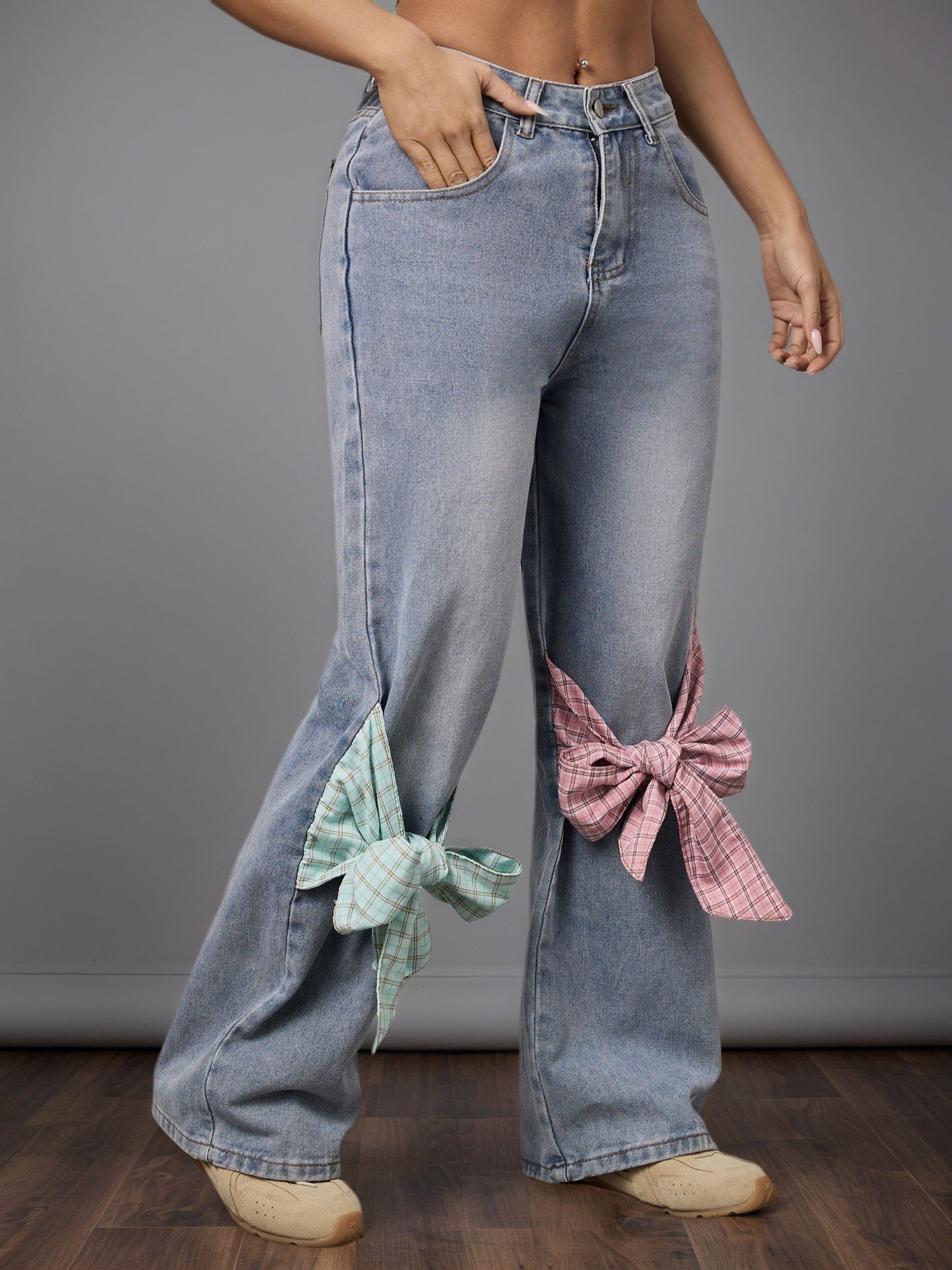 Bow High-Waist Wide-Leg Denim Pants Loose Straight Trousers 3
