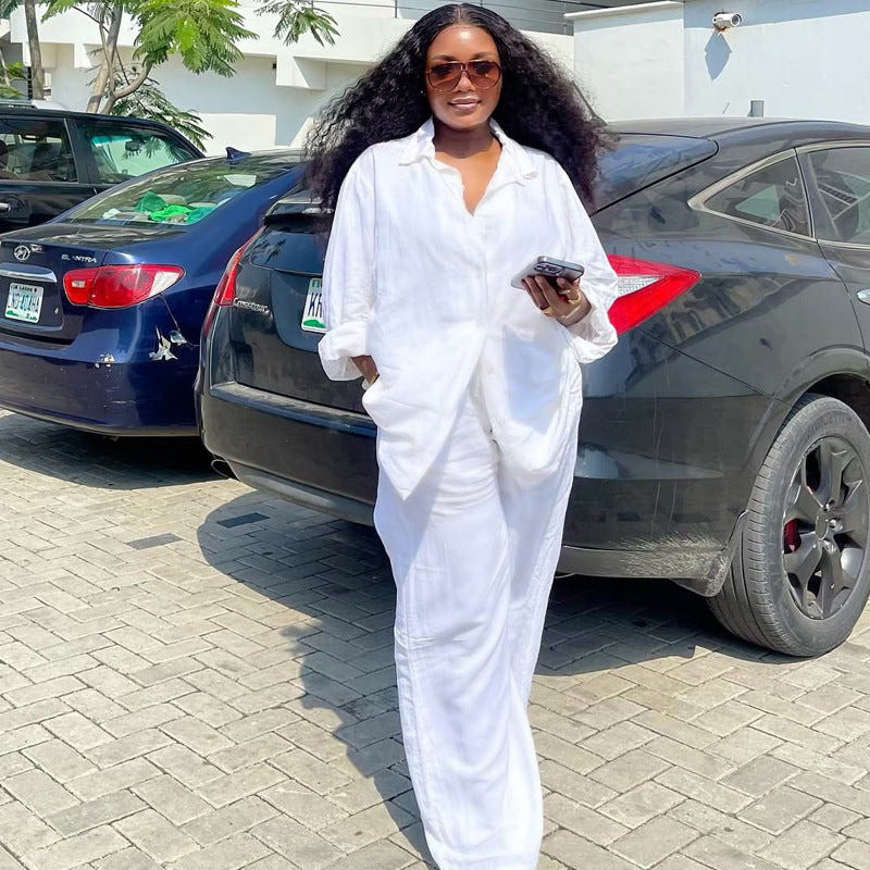 Women's Casual White Shirt Trousers Two-Piece Set