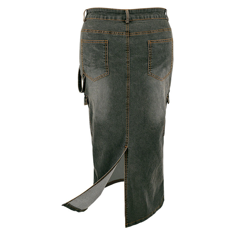 Plus Size Women Denim Strap Slit Skirt 8