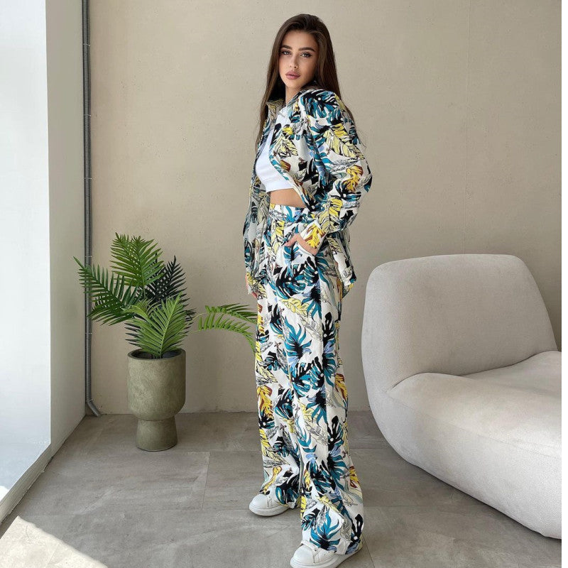 Autumn Fashion Floral Print Plus Size Loose Top High Waisted Wide Leg Pants Women Casual Suit 5