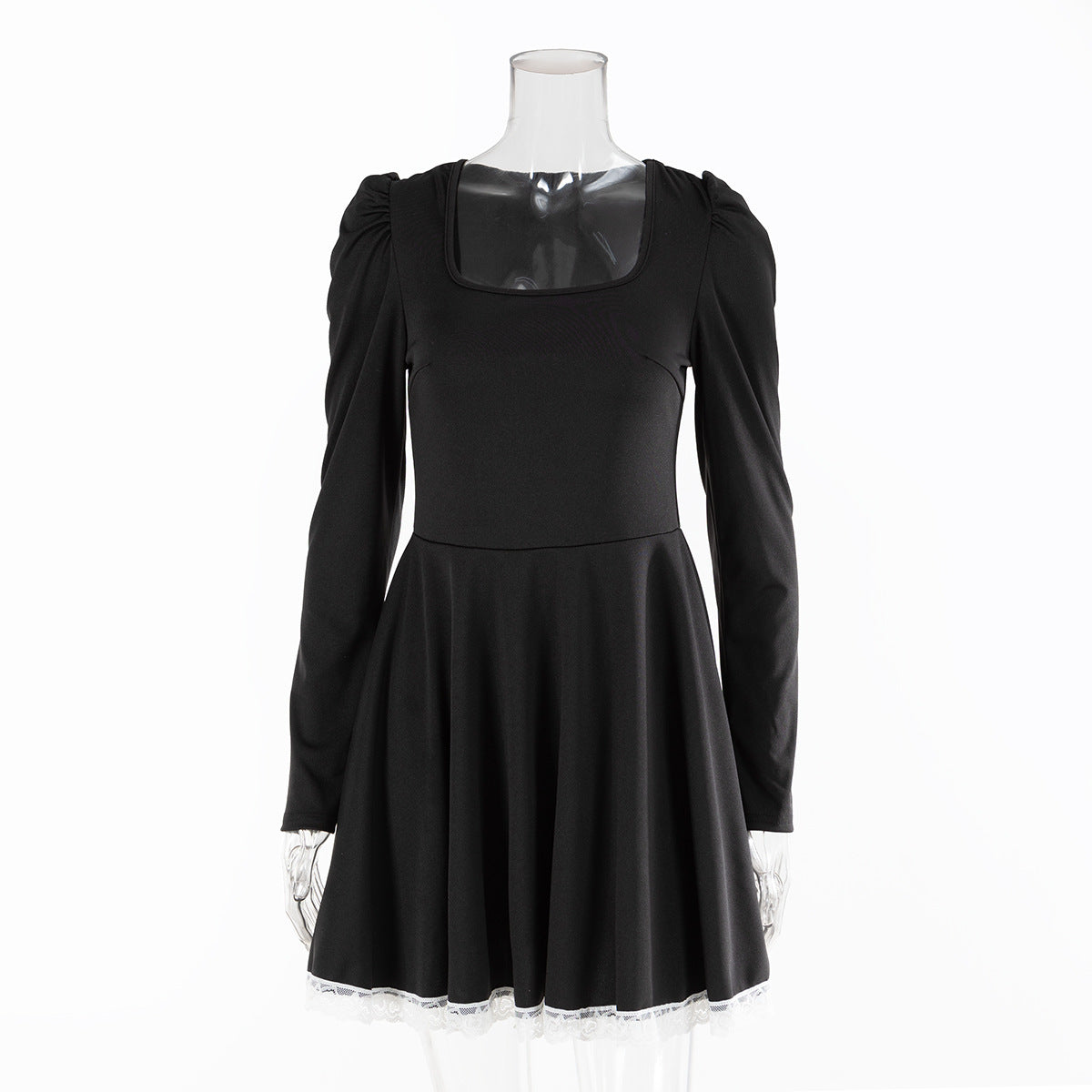 Chic Square Collar Long Sleeve Women Lace Patchwork Slim Waist A-Line Dress 10