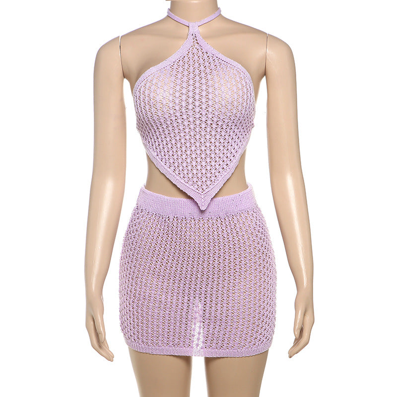 Women Spring Sexy Backless Knitting Lace-Up Top Solid Bodycon Skirt Two Piece Set 7