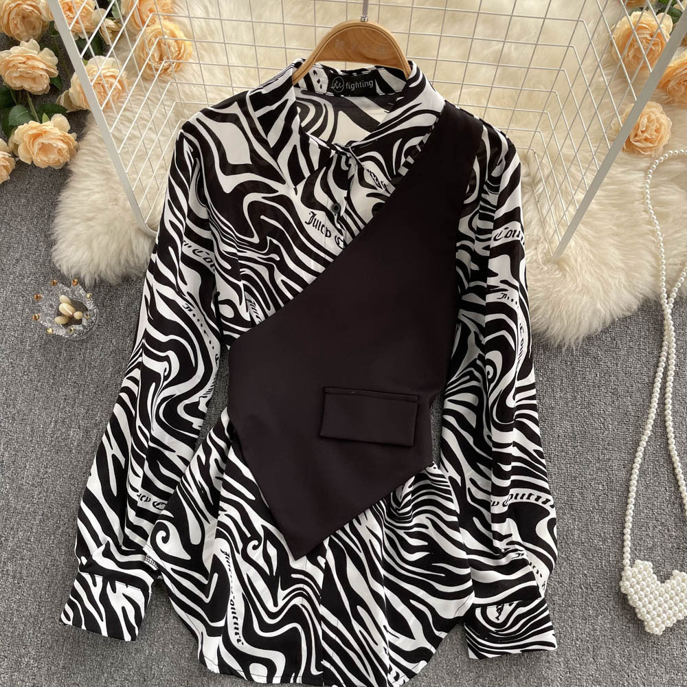 Women Long Sleeve Loose Striped Patchwork Fake Two-Piece Shirt 3